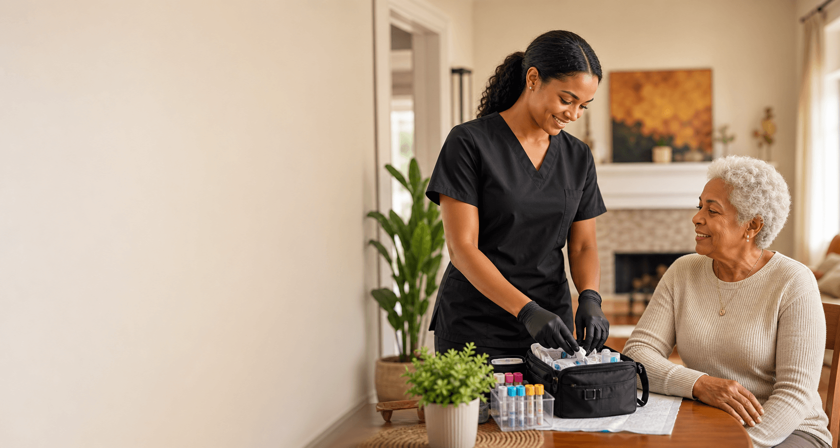 Mobile phlebotomy professional preparing an in-home blood draw